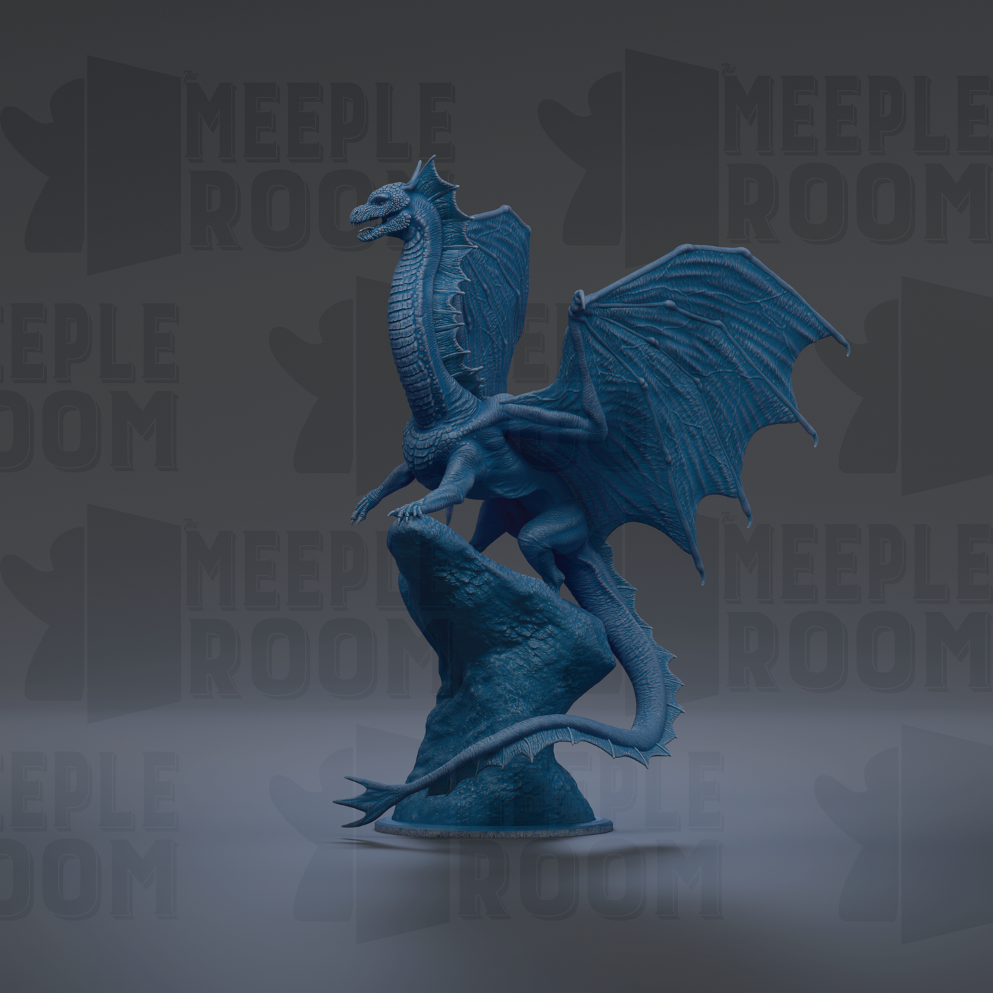 A blue dragon statue with wings spread, standing on a rock.