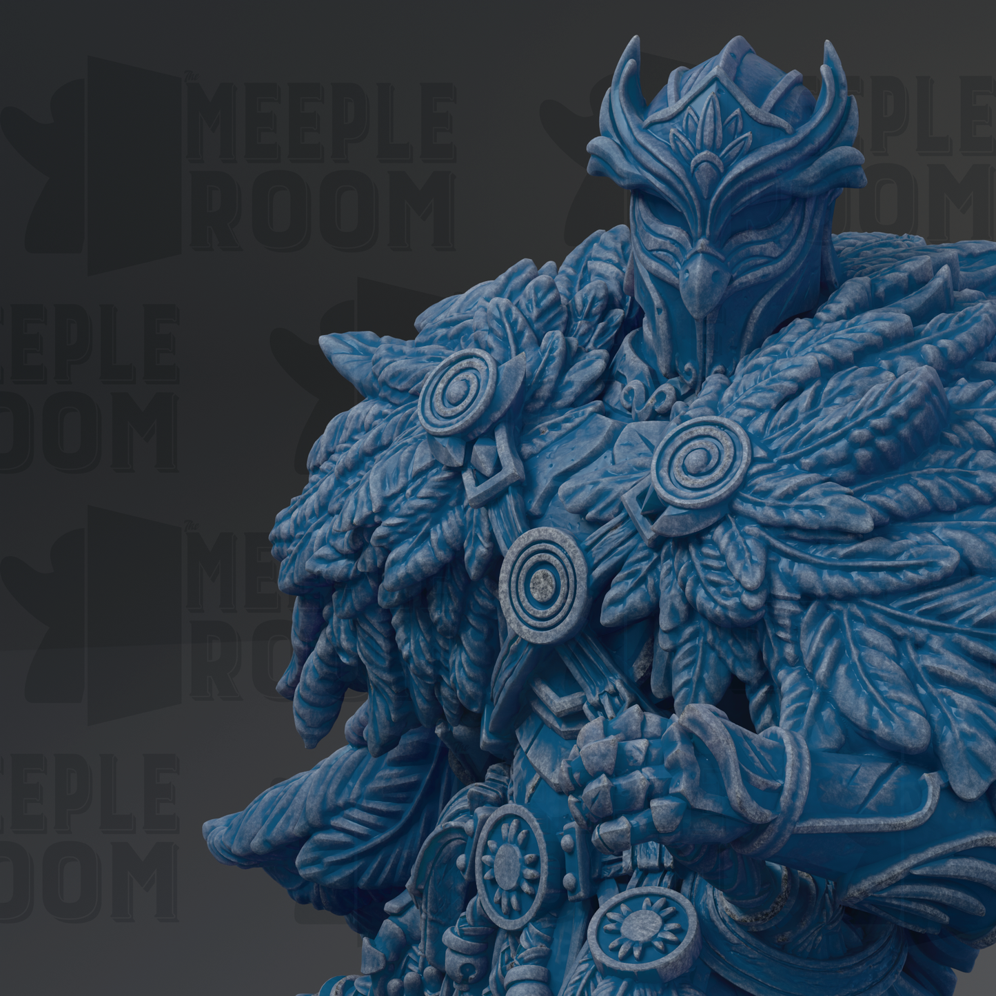 A detailed 3D rendering of a blue, ornate armor piece with intricate designs and patterns.