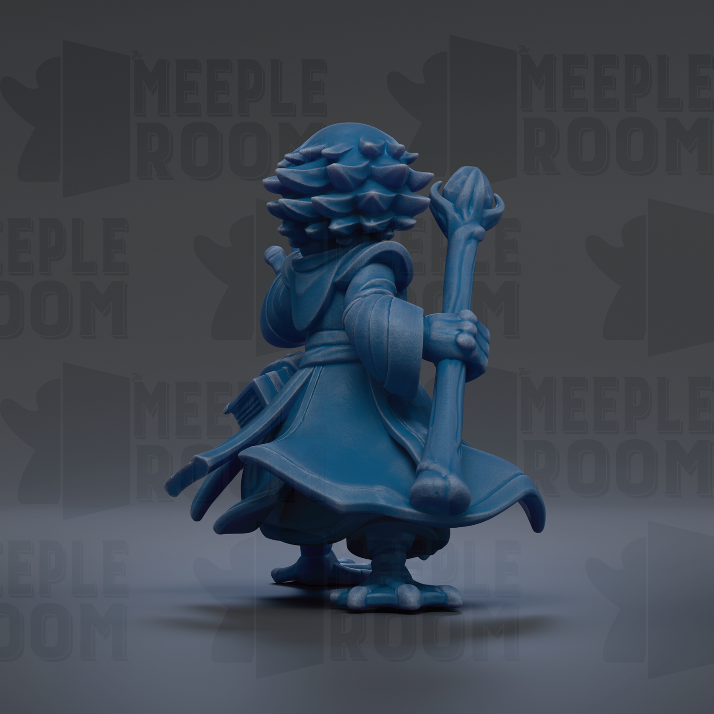 A blue figurine of a character with a staff and a flowing robe, standing against a dark background with repeated text.
