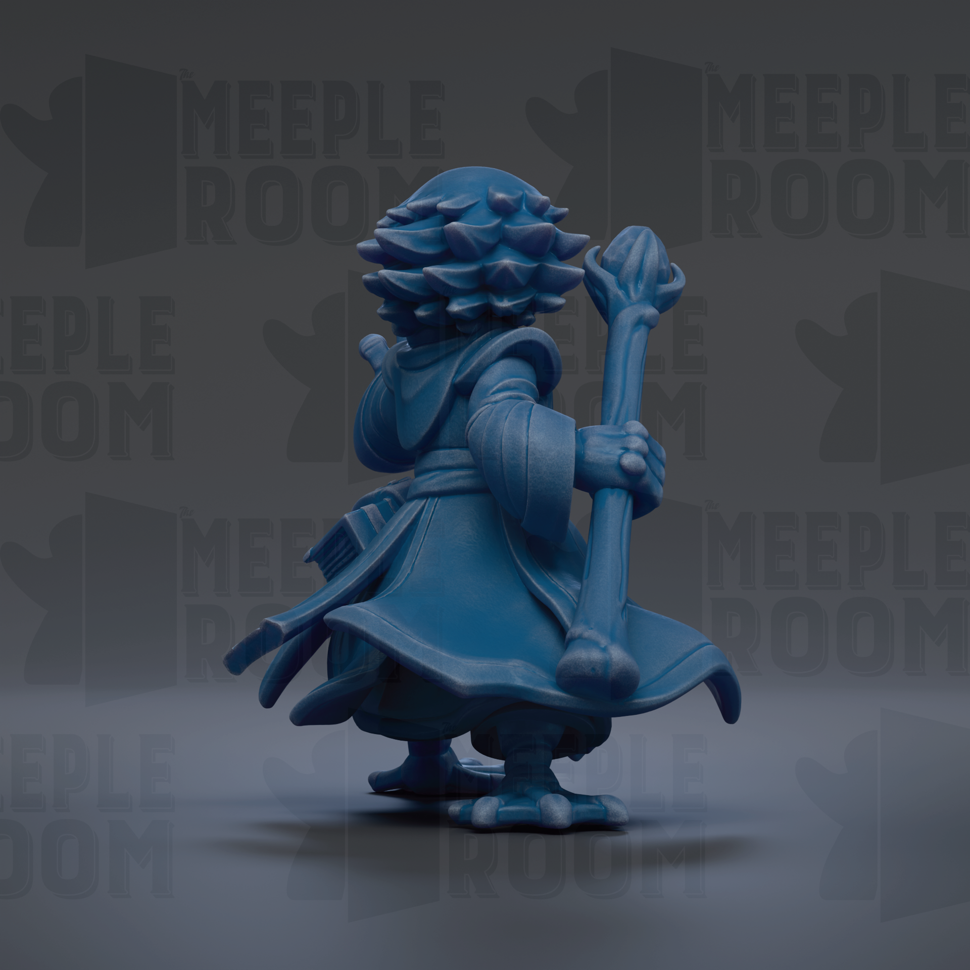 A blue figurine of a character with a staff and a flowing robe, standing against a dark background with repeated text.