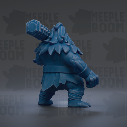 A blue, 3D-rendered fantasy character with a large weapon on its back, standing in a dark environment with repeated text in the background.