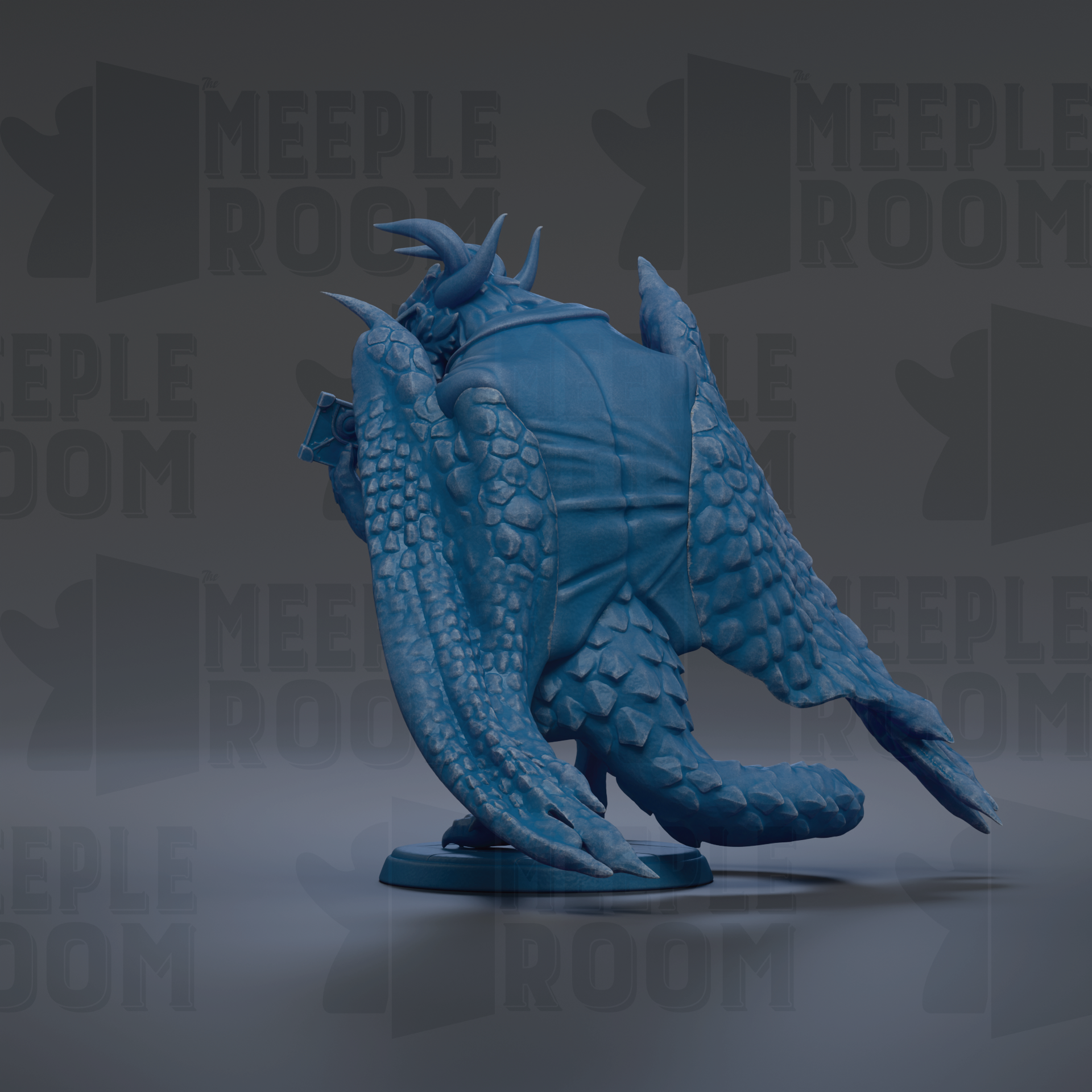 A blue dragon figurine with horns and scales is shown against a dark background with repeated text.