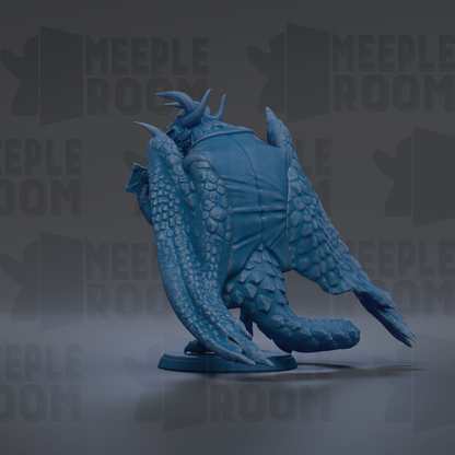 A blue dragon figurine with horns and scales is shown against a dark background with repeated text.