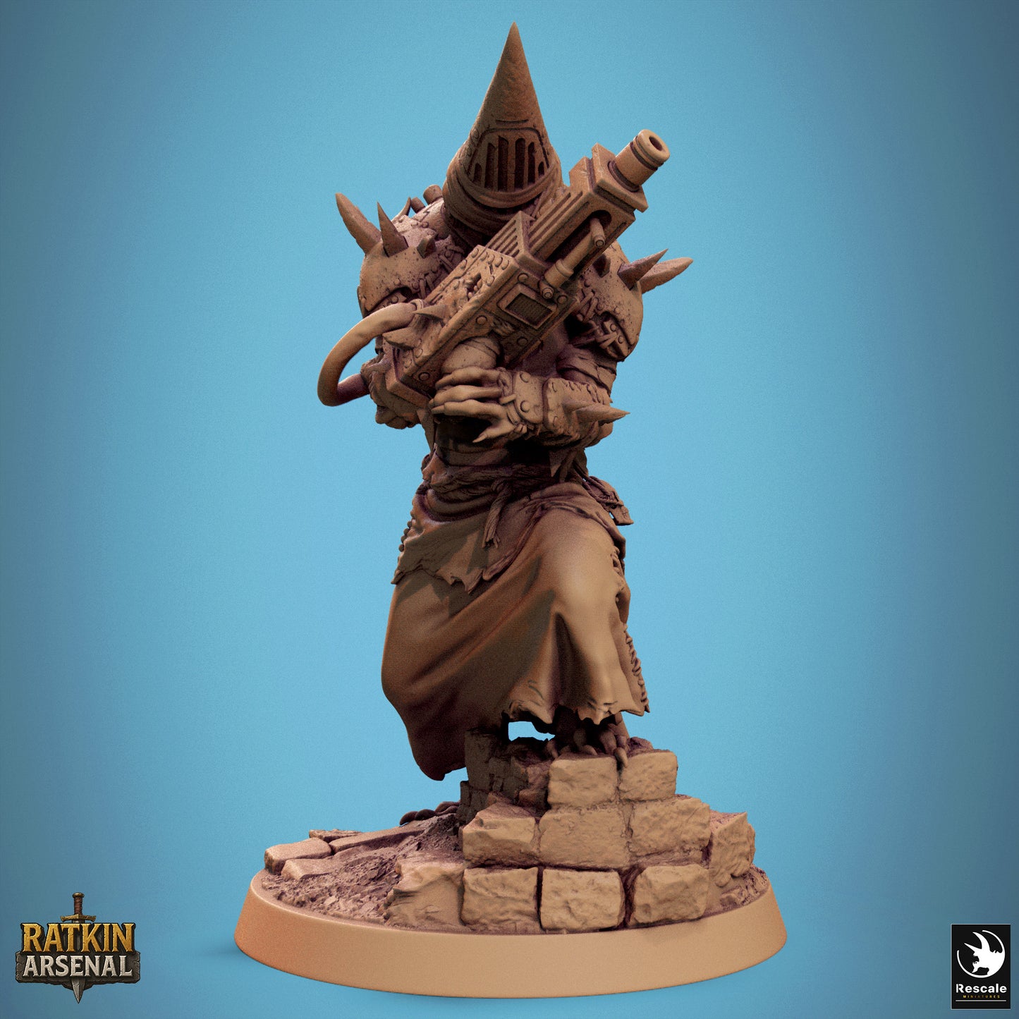 A 3D model of a character with a pointed hat and a large gun, standing on a base made of small rocks.