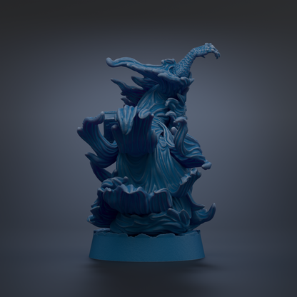 A blue, abstract sculpture with flowing, organic shapes resembling waves or water.
