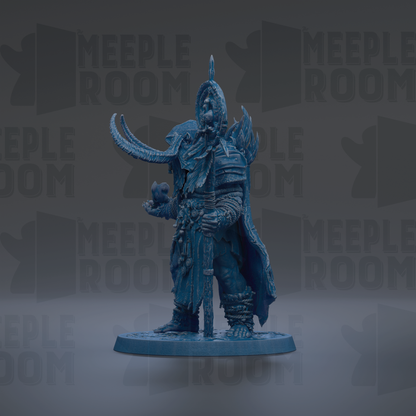 A blue figurine of a warrior standing on a base, holding a sword and shield, against a dark background with repeated text.
