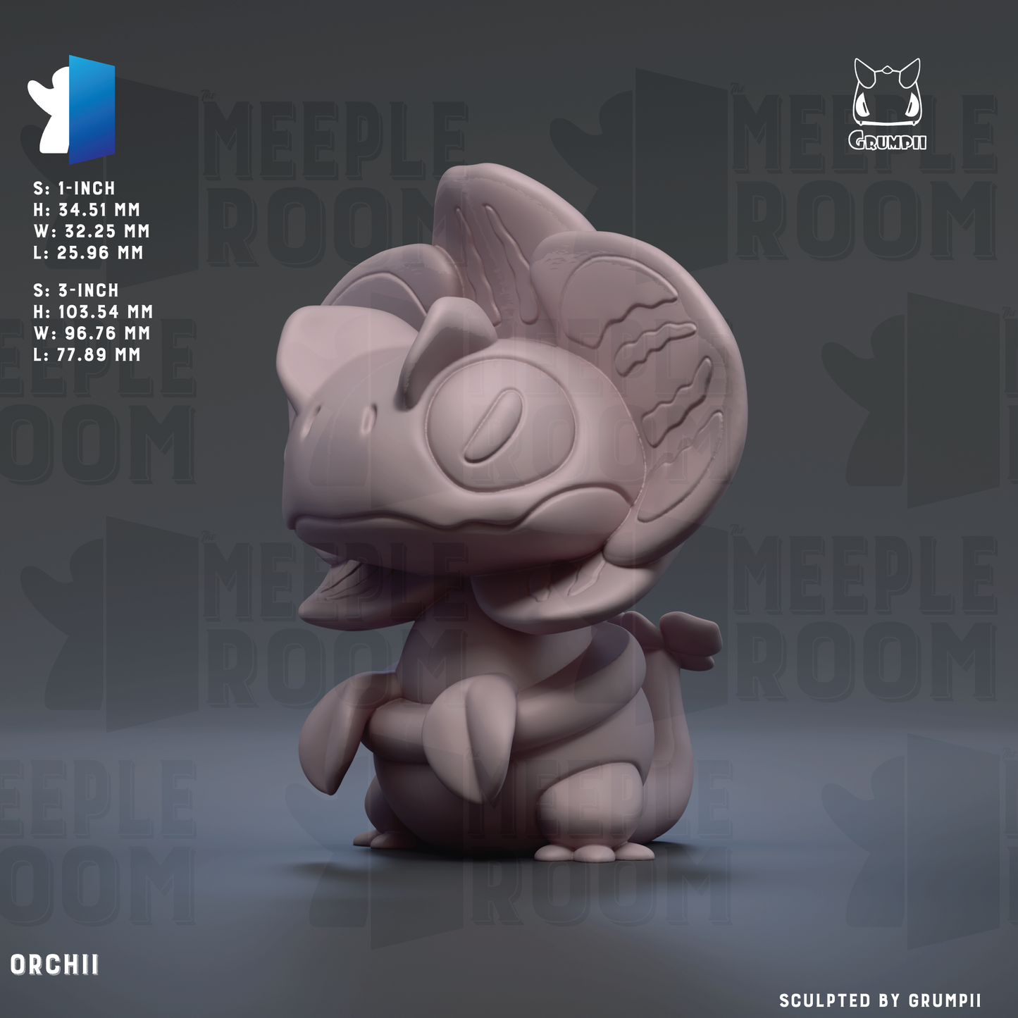 The image is a 3D rendering of a small, cartoonish creature resembling a crab or an orchid. The creature has a large head and is sitting on its hind legs, giving it a playful and whimsical appearance. The background of the image is a dark gray color, which contrasts with the creature and makes it stand out. The image does not contain any text or other discernible objects or actions.