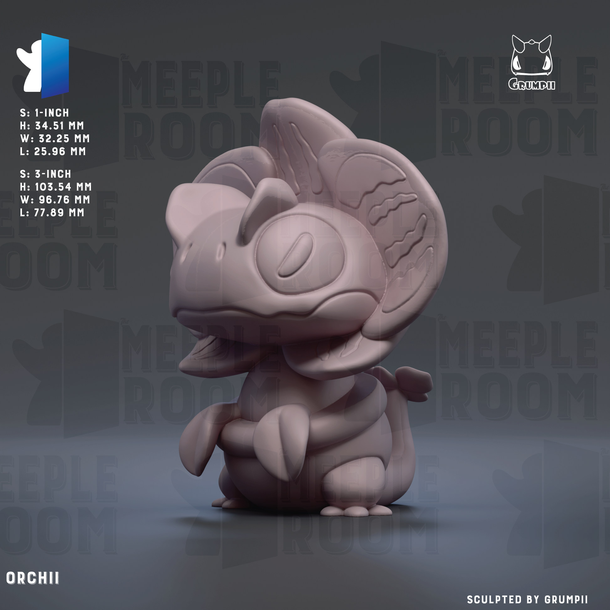 The image is a 3D rendering of a small, cartoonish creature resembling a crab or an orchid. The creature has a large head and is sitting on its hind legs, giving it a playful and whimsical appearance. The background of the image is a dark gray color, which contrasts with the creature and makes it stand out. The image does not contain any text or other discernible objects or actions.