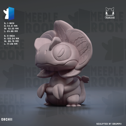 The image is a 3D rendering of a small, cartoonish creature resembling a crab or an orchid. The creature has a large head and is sitting on its hind legs, giving it a playful and whimsical appearance. The background of the image is a dark gray color, which contrasts with the creature and makes it stand out. The image does not contain any text or other discernible objects or actions.