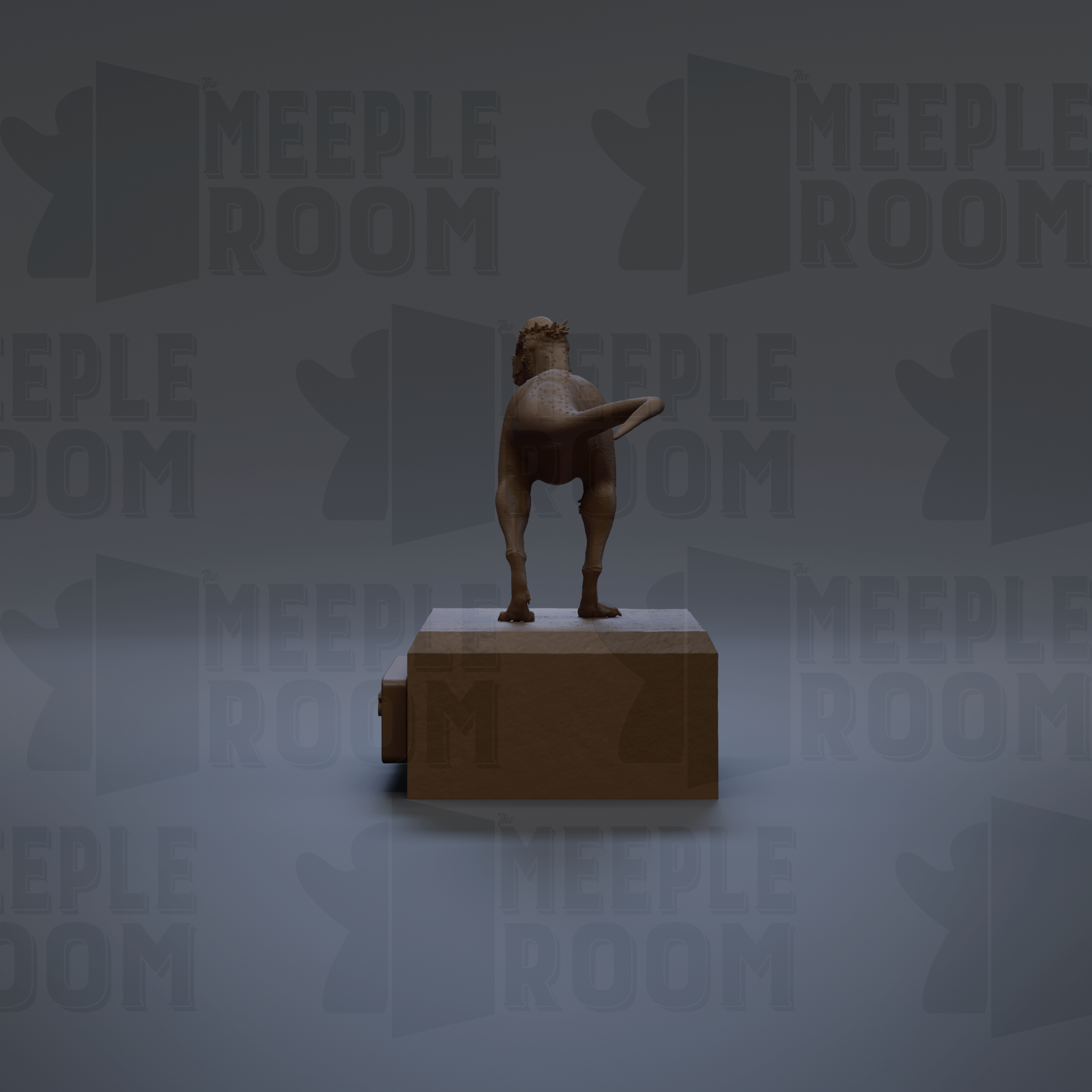 A 3D rendering of a statue of a person standing on a rectangular platform.
