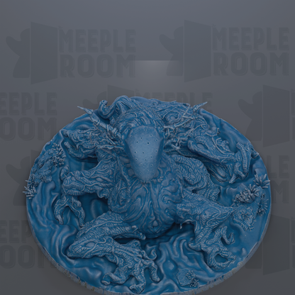 A 3D rendering of a blue, organic-looking creature with intricate details, including a large head and multiple arms, set against a dark background with repeated text.