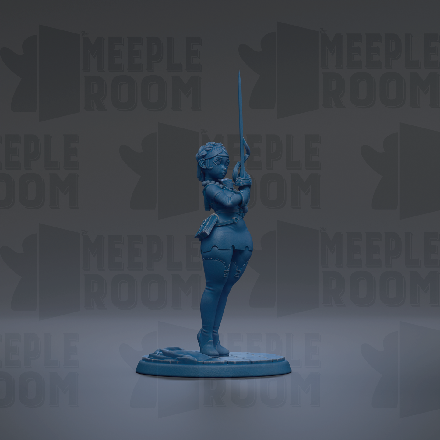 A blue figurine of a woman holding a sword stands on a base against a dark background with repeated "MEIPLE ROOM" text.