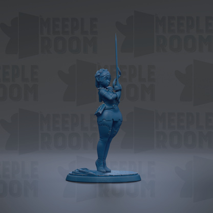 A blue figurine of a woman holding a sword stands on a base against a dark background with repeated "MEIPLE ROOM" text.