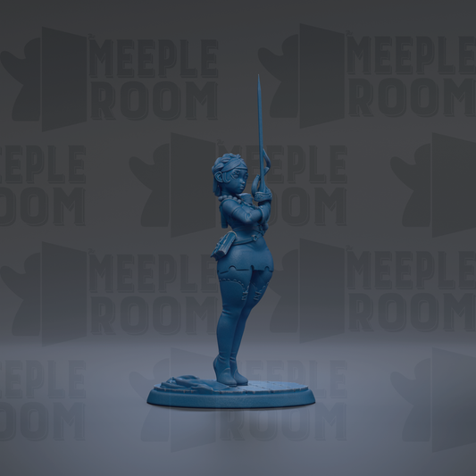 A blue figurine of a woman holding a sword stands on a base against a dark background with repeated "MEIPLE ROOM" text.