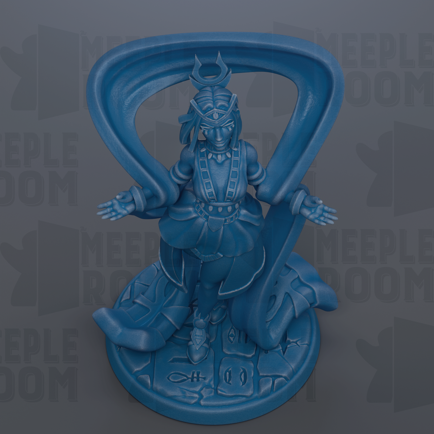A blue figurine of a deity or mythological figure, with intricate details and a flowing robe, is depicted in the center of the image.