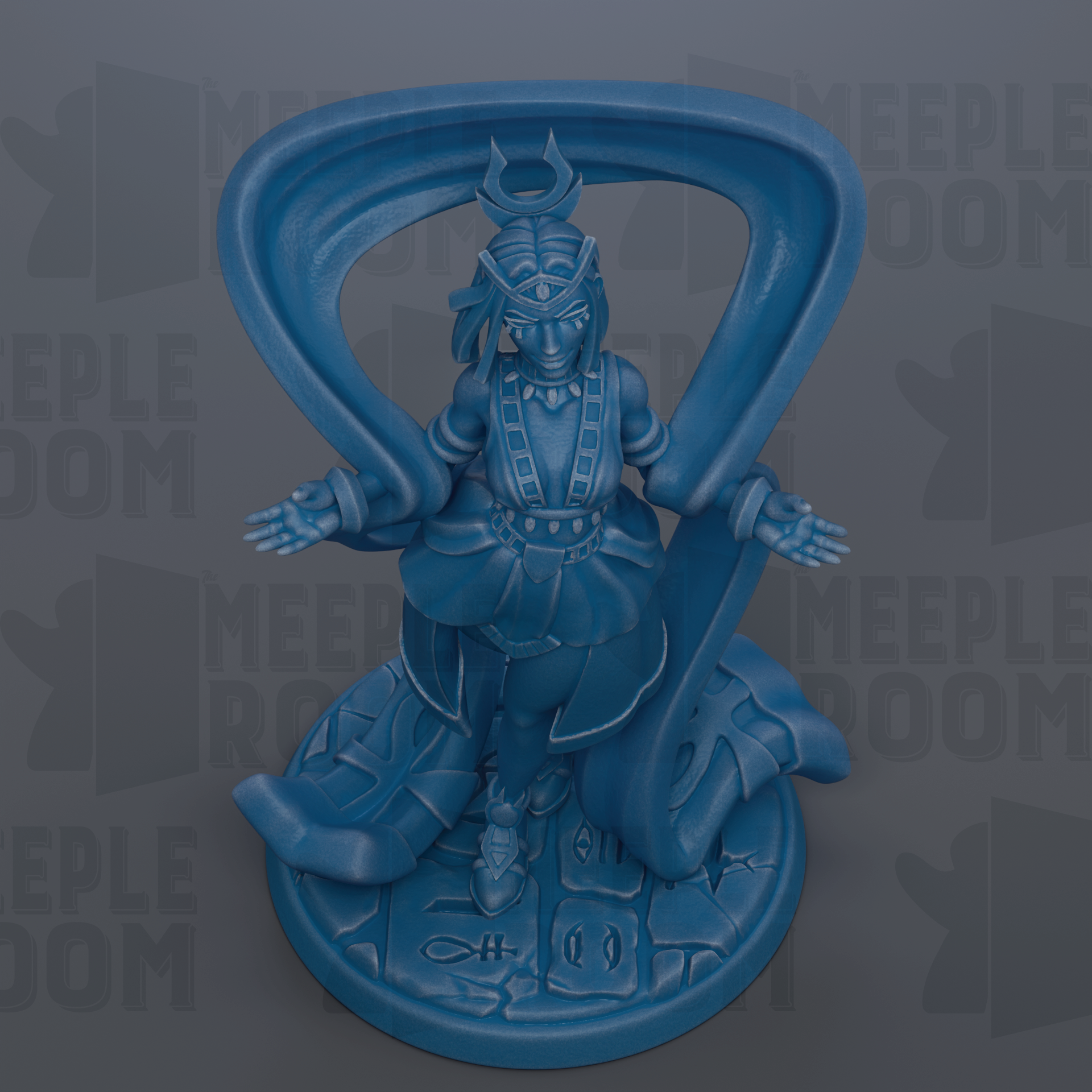 A blue figurine of a deity or mythological figure, with intricate details and a flowing robe, is depicted in the center of the image.