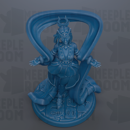A blue figurine of a deity or mythological figure, with intricate details and a flowing robe, is depicted in the center of the image.