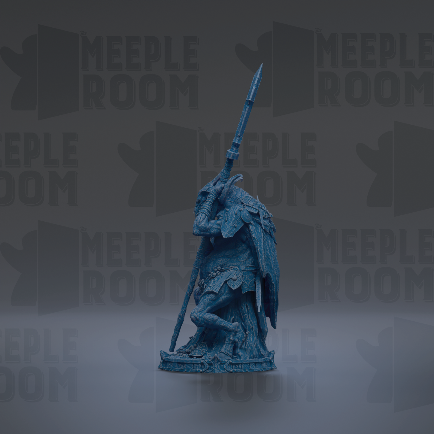 A blue statue of a warrior figure holding a spear, standing on a pedestal against a dark background with repeated text.