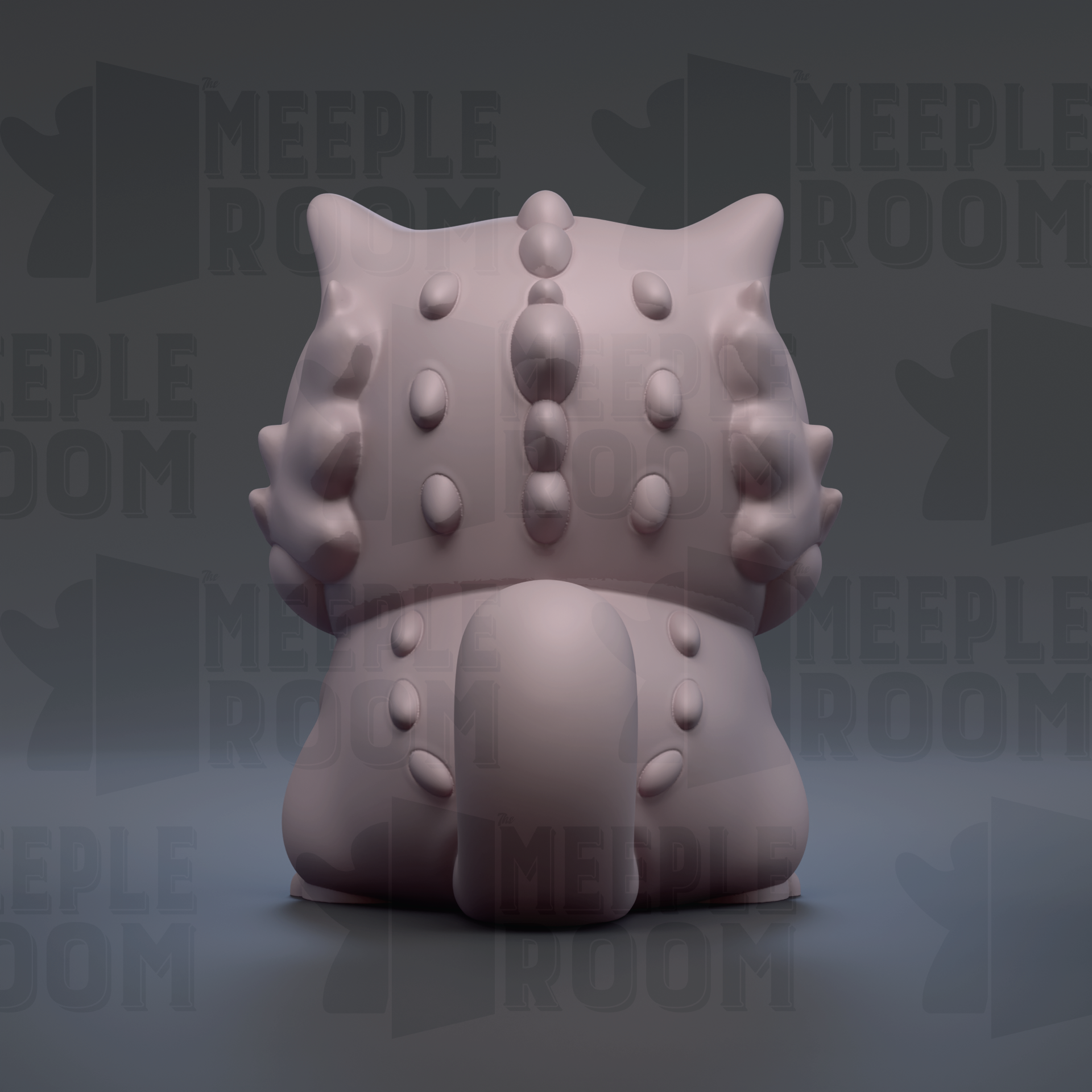 A 3D rendering of a pink, furry creature with a textured back and large, round eyes.