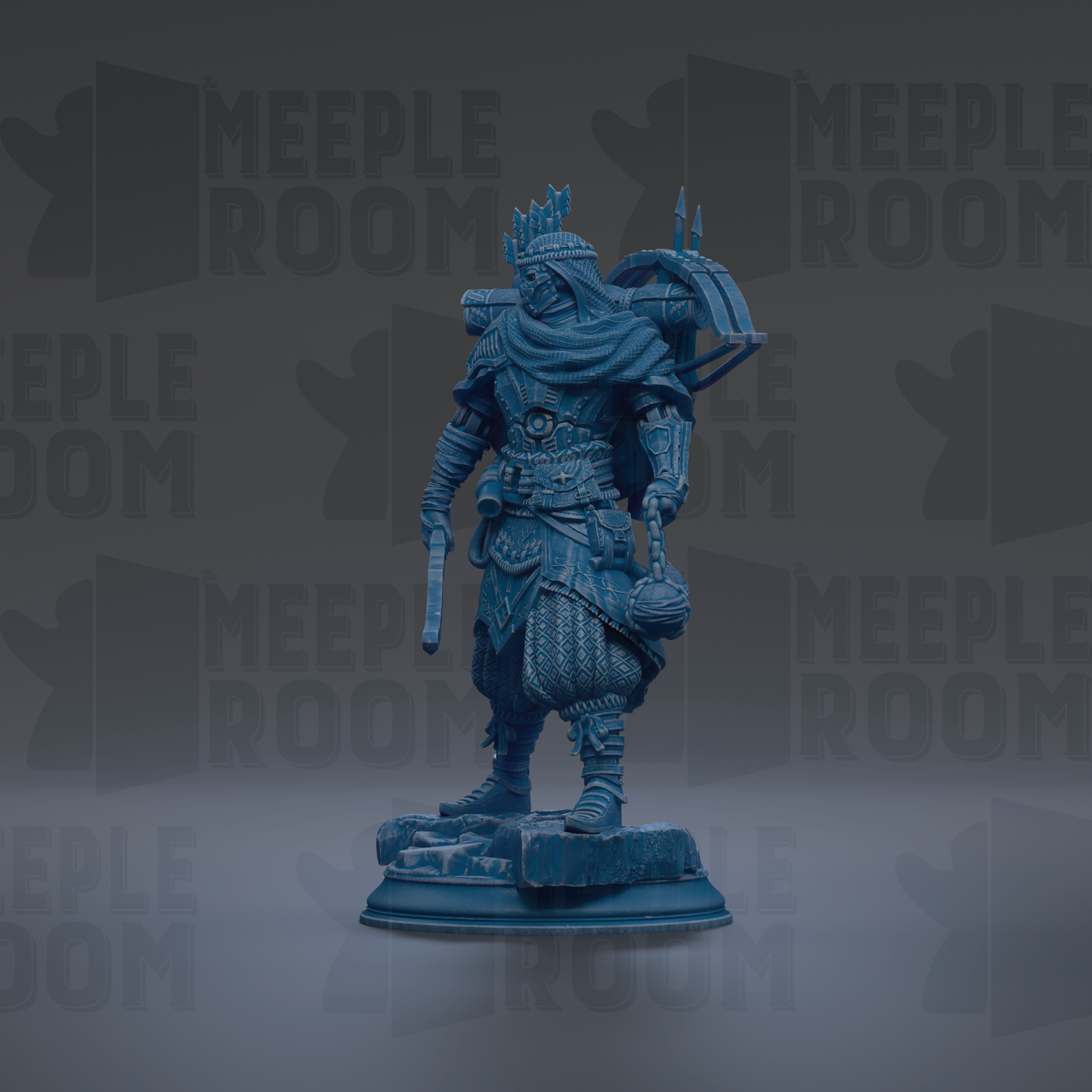 A blue, 3D-rendered warrior figure stands on a pedestal against a dark background with repeated "MEIPLLE ROOM" text.
