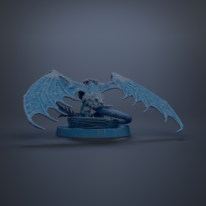 A 3D rendering of a blue dragon-like creature with large wings and sharp teeth, standing on a blue base against a dark background.