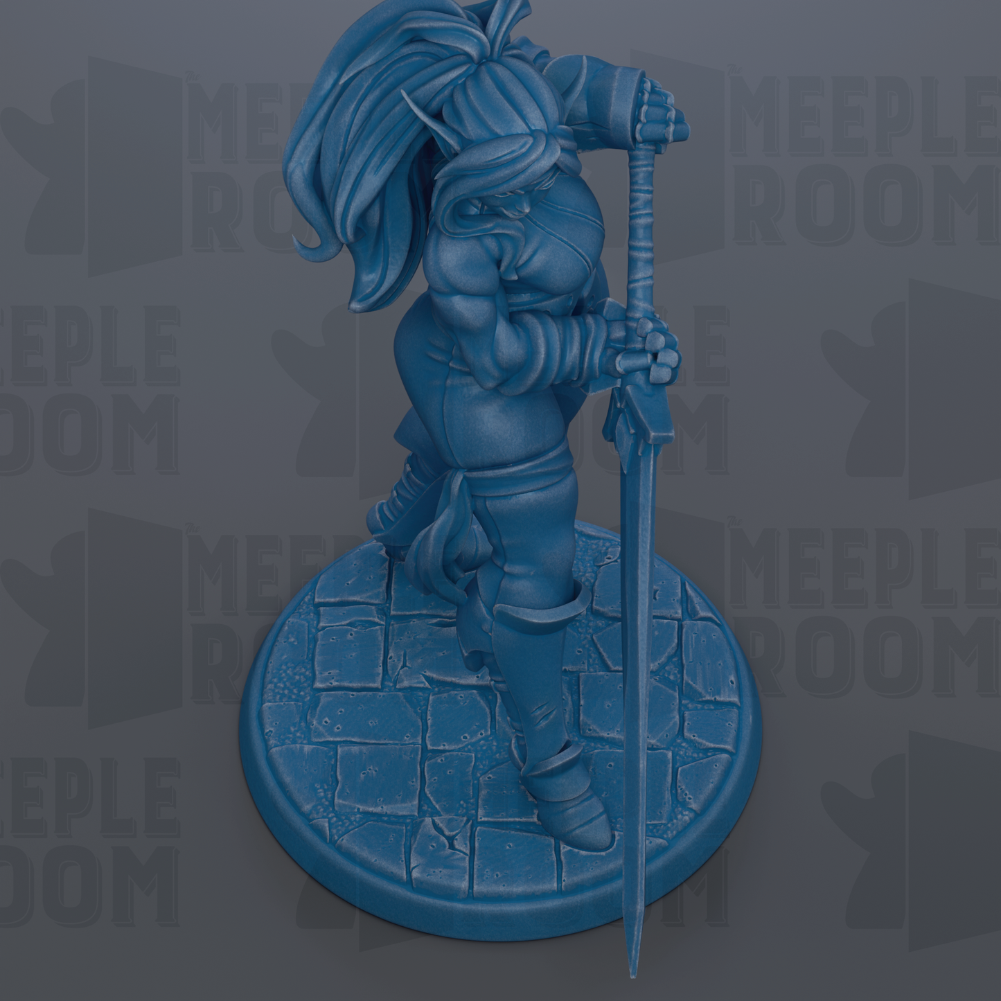 A blue figurine of a warrior standing on a stone base, holding a sword and shield.