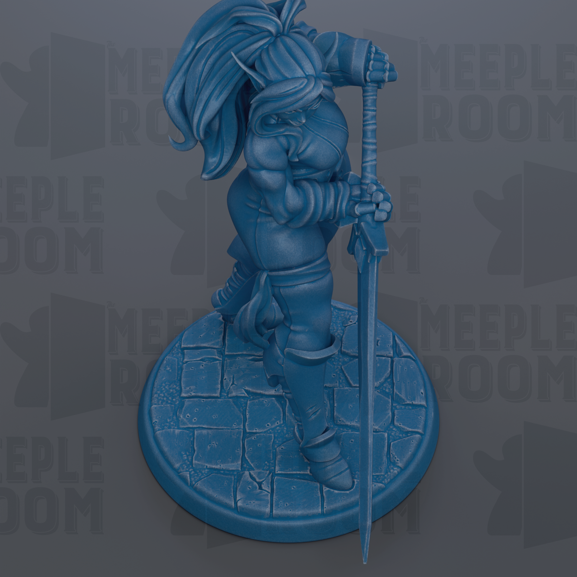 A blue figurine of a warrior standing on a stone base, holding a sword and shield.