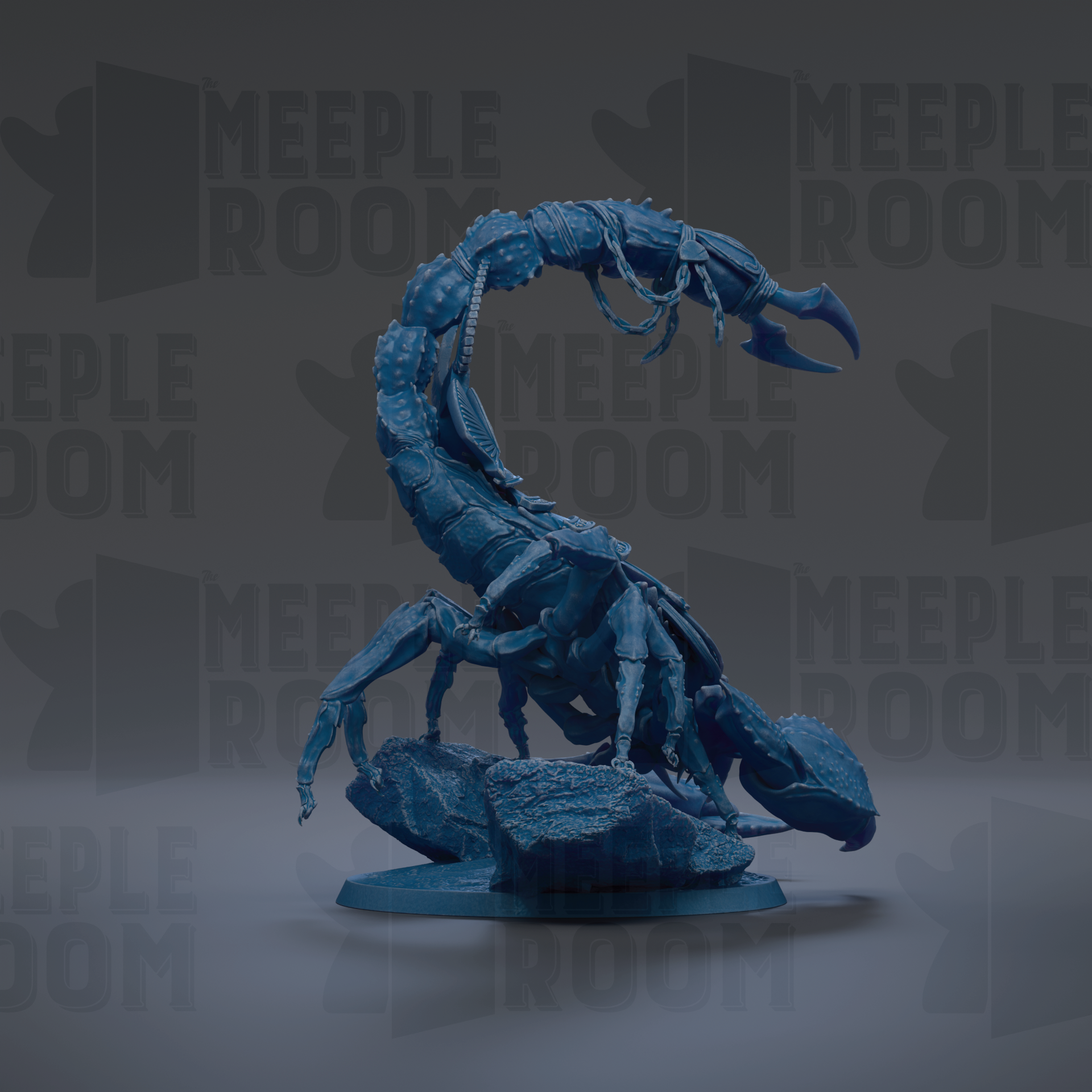 A blue, 3D-rendered scorpion figurine is shown in a dynamic pose, with its legs spread out and its body coiled. The background features the repeated text "MEIPLLE ROOM" in a dark color, creating a visually striking contrast with the scorpion.