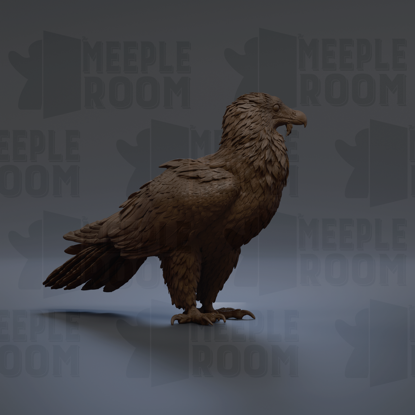 A 3D rendering of a bird, possibly a hawk or eagle, standing on one leg against a dark background with repeated text.
