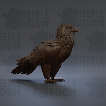 A 3D rendering of a bird, possibly a hawk or eagle, standing on one leg against a dark background with repeated text.