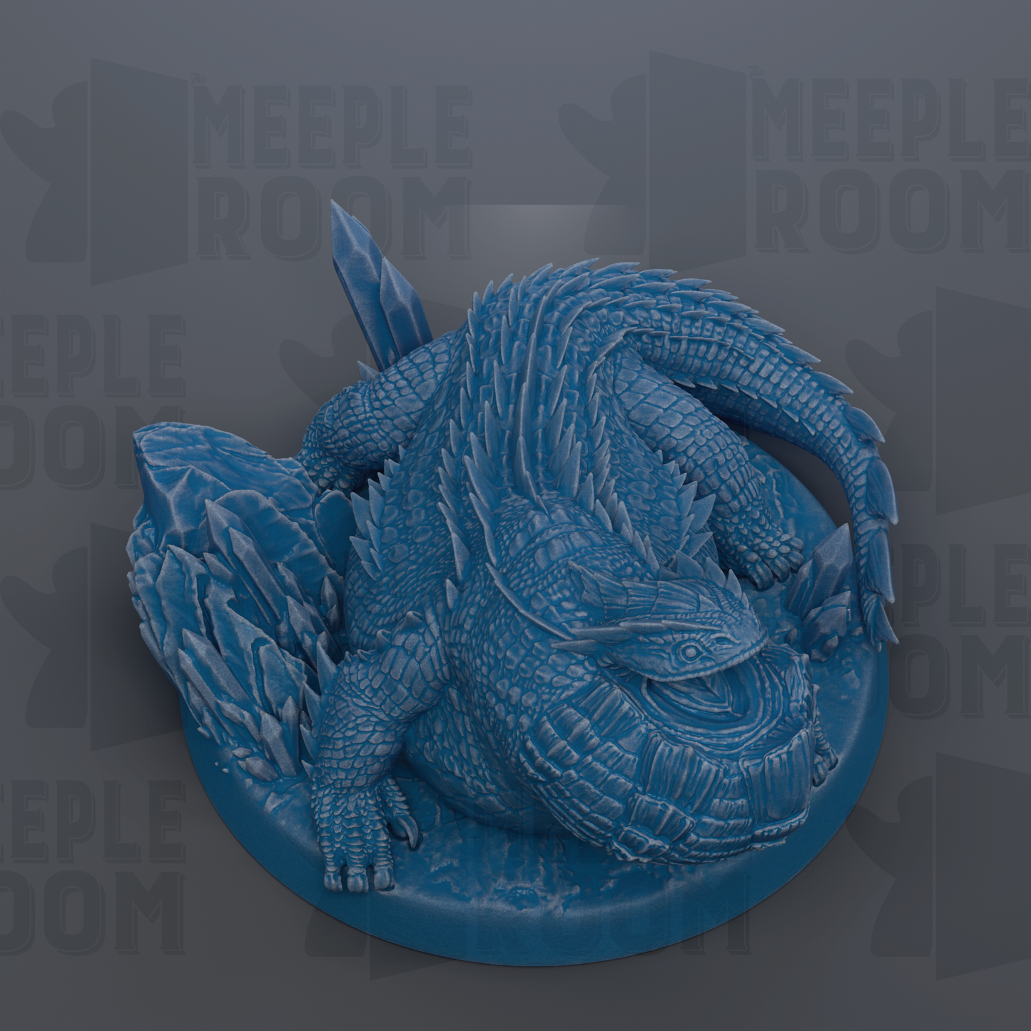 A detailed 3D rendering of a blue alligator-like creature with sharp teeth and a long tail, sitting on a blue base.