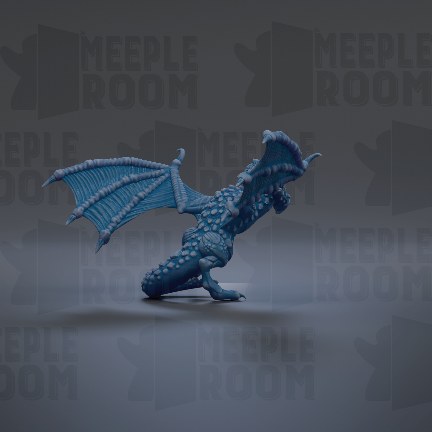 A blue dragon figurine with wings spread, standing on a gray surface against a dark background with repeated text.