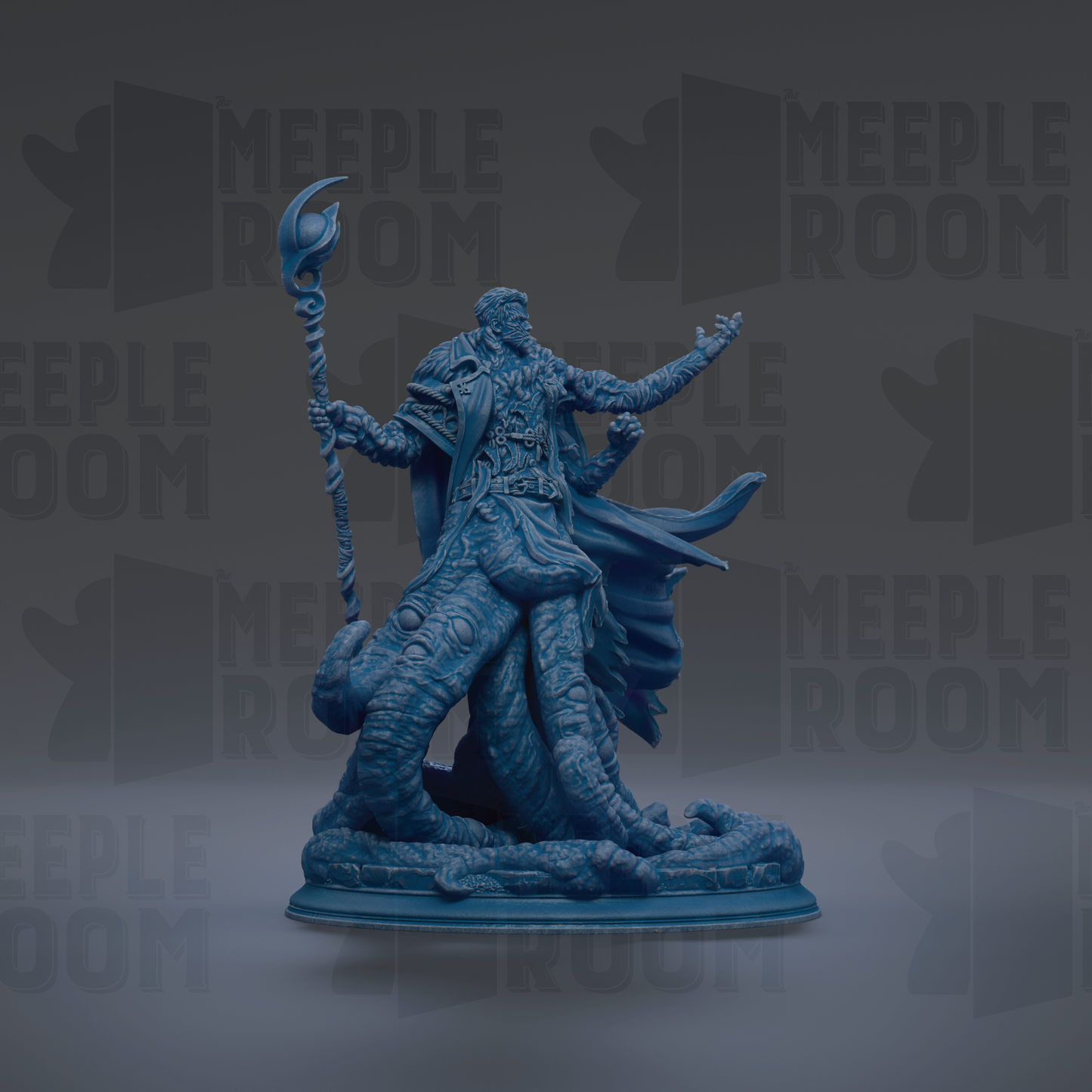 A blue figurine of a deity or magical being, holding a staff and standing on a platform.