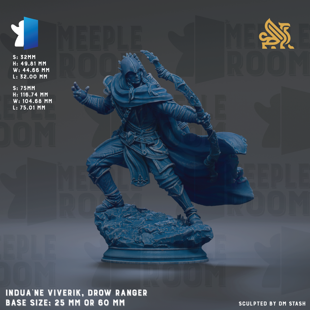 a blue figurine of a warrior figure, specifically a Drow Ranger, with a cape and a sword, standing on a rock. The figurine is described as a 25mm or 60mm base size, and it is sculpted by DM Stash.