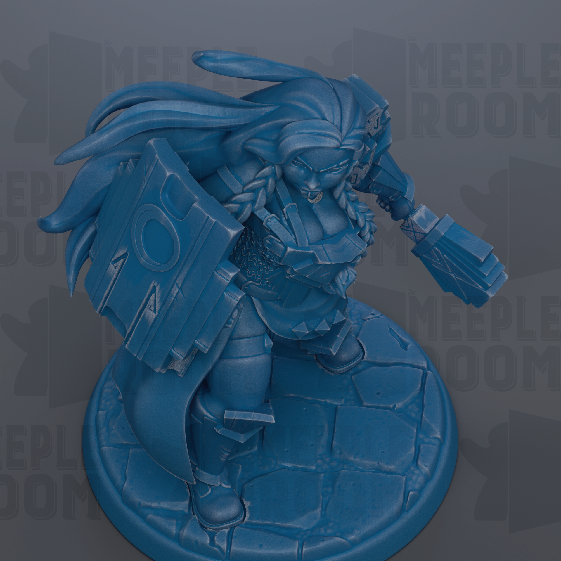A blue figurine of a female character with long hair and a shield, standing on a stone base.