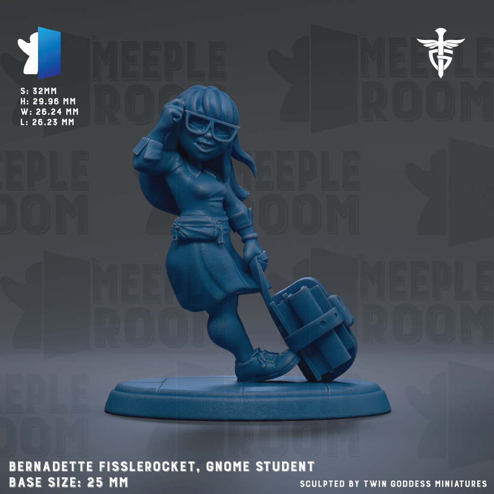 A figurine of a gnome student, wearing glasses and holding a suitcase, is displayed against a dark background with repeated text.