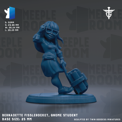 A figurine of a gnome student, wearing glasses and holding a suitcase, is displayed against a dark background with repeated text.