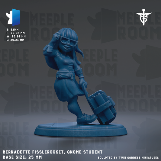 A figurine of a gnome student, wearing glasses and holding a suitcase, is displayed against a dark background with repeated text.