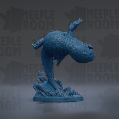 A blue, 3D-rendered figurine of a large, armored creature with a raised head, standing on a base with rocks and ice.