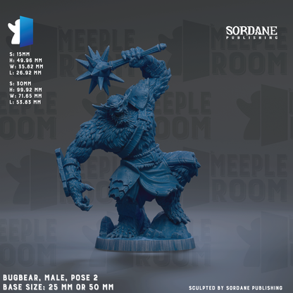 The image is a detailed sculpture of a male monster, specifically a Bugbear, posed in a dynamic fighting stance. The sculpture is made of a material that resembles wood and is in a blue color. The base sizes of the sculpture are 25 mm or 50 mm. The image is a collage of multiple images, and it is described as a "SORDANE PUBLISHING" image.
