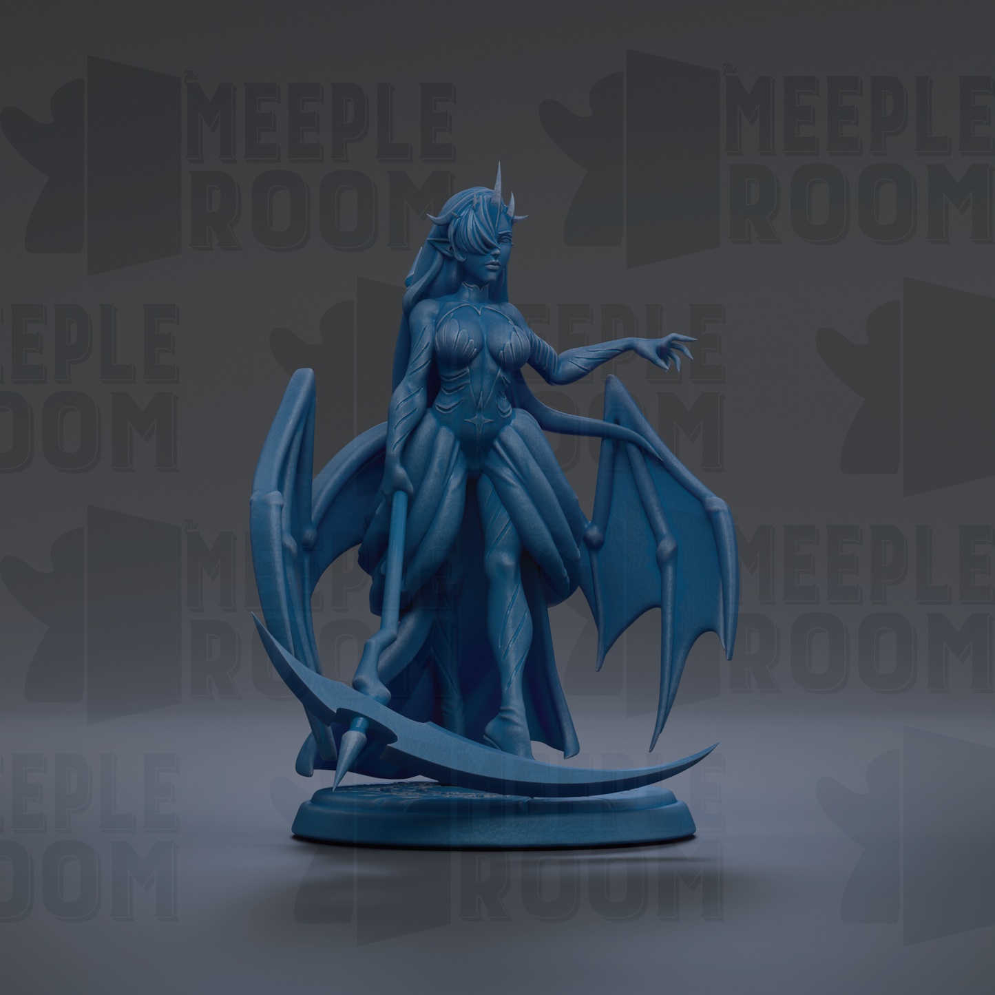 A blue, winged female character with a sword and shield stands in the center of the image against a dark background with repeated text.