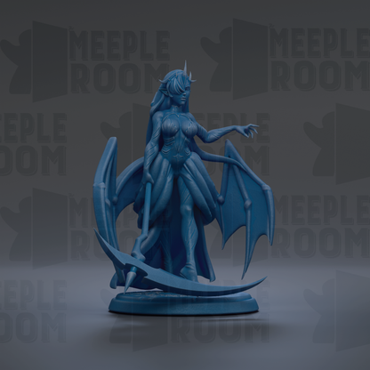 A blue, winged female character with a sword and shield stands in the center of the image against a dark background with repeated text.