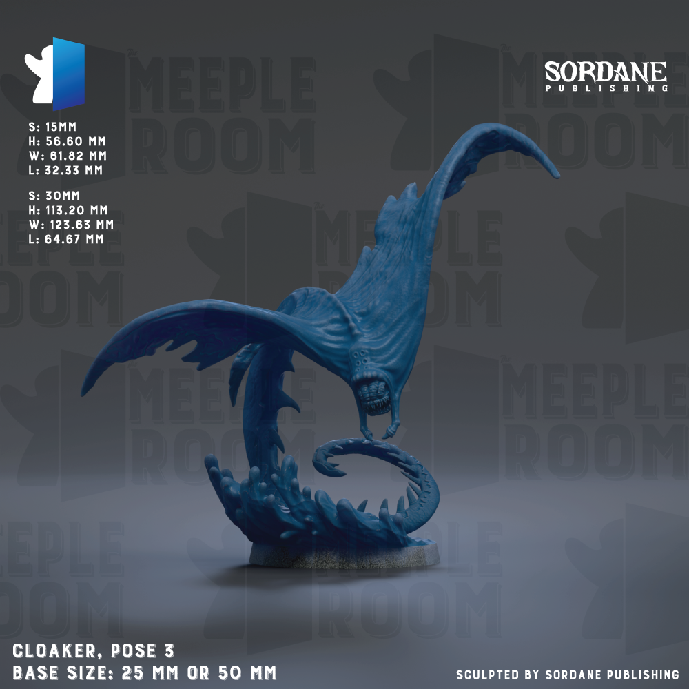 The image is a 3D rendering of a blue, claw-like creature with a long, curved tail. The creature appears to be a fantastical or mythical creature, possibly a dragon or sea monster. The image is described as a "CLOAKER, POSE 3" and is shown in a base size of 25mm or 50mm. The image is published by Sordane Publishing.