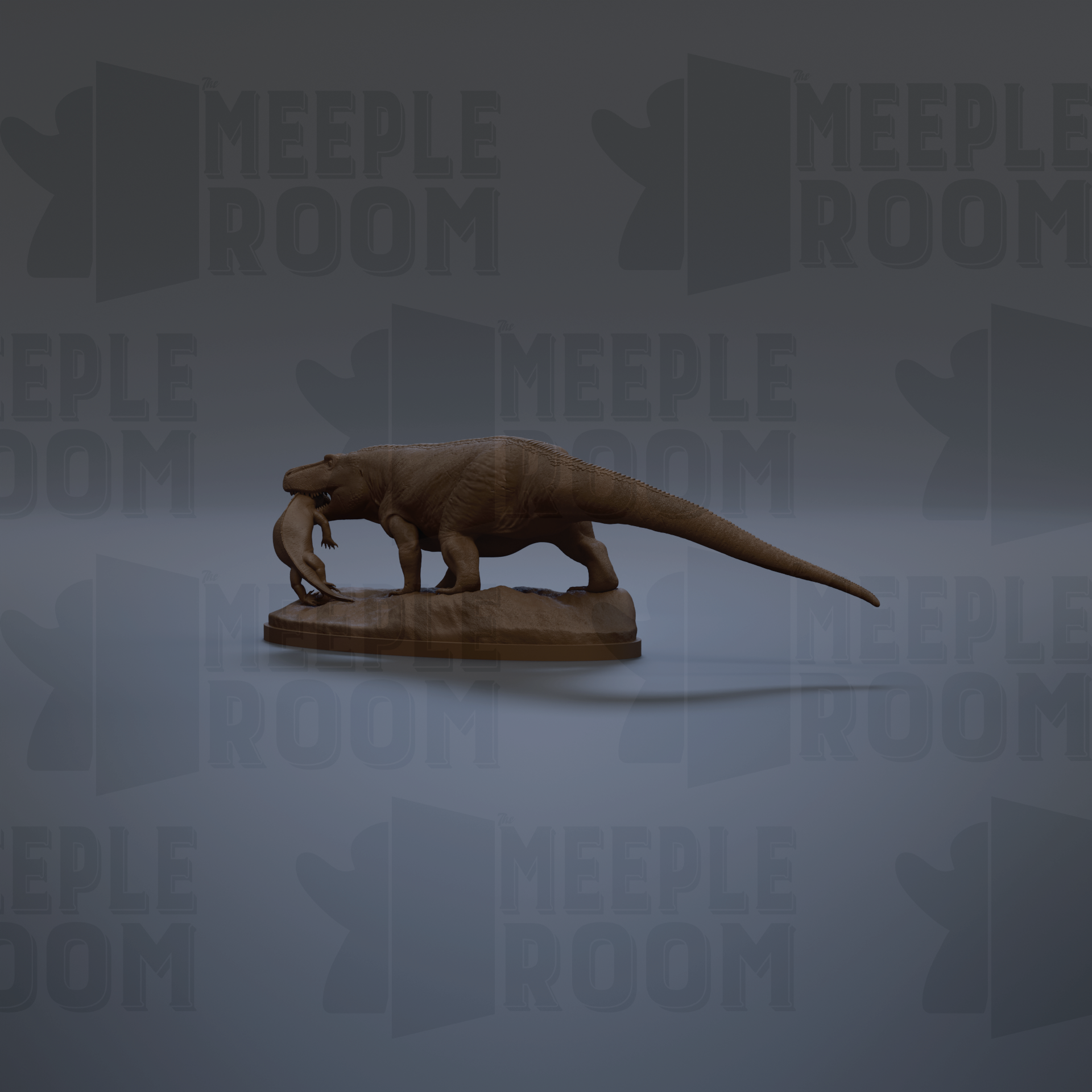 A 3D rendering of a dinosaur statue, likely a T-Rex, standing on a platform and holding a smaller dinosaur in its mouth.