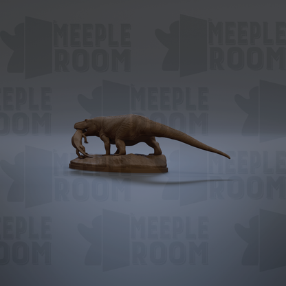 A 3D rendering of a dinosaur statue, likely a T-Rex, standing on a platform and holding a smaller dinosaur in its mouth.