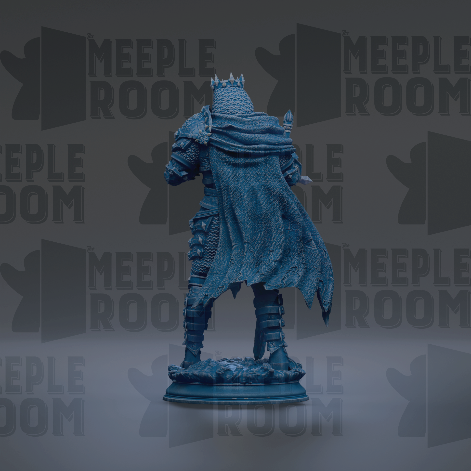 A blue statue of a person with a cape and armor, standing in front of a repeating pattern of the word "MEIPLLE ROOM".