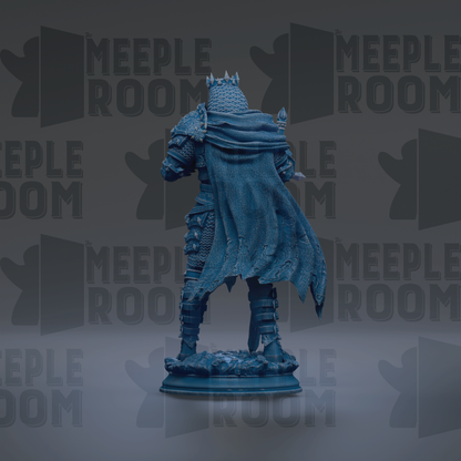 A blue statue of a person with a cape and armor, standing in front of a repeating pattern of the word "MEIPLLE ROOM".