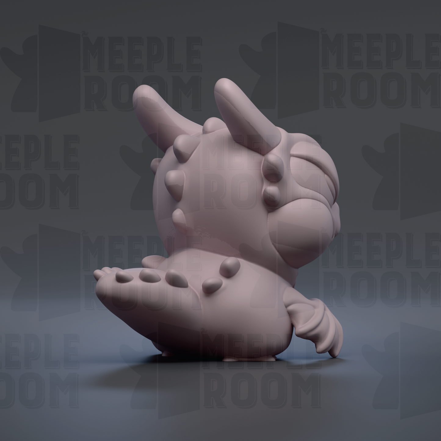 A 3D rendering of a small, cartoonish creature with horns and spikes, sitting on its back against a dark background with repeated text.