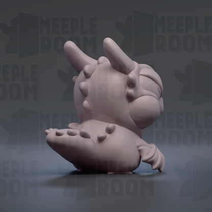 A 3D rendering of a small, cartoonish creature with horns and spikes, sitting on its back against a dark background with repeated text.
