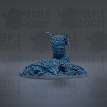 A blue, abstract sculpture resembling a creature or monster, with intricate patterns and textures, set against a dark background with repeated "MEIPLE ROOM" text.